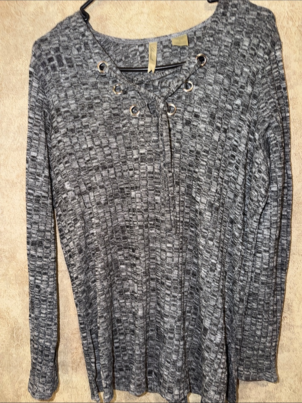 Chenault Gray Marled Lace-Up Long Sleeve Top